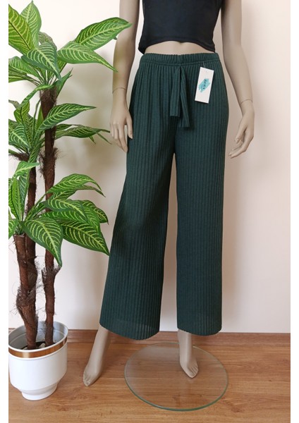 Kadın Yeşil Renk Çizgili Fitilli Pamuklu Penye Pantolon fırsatları