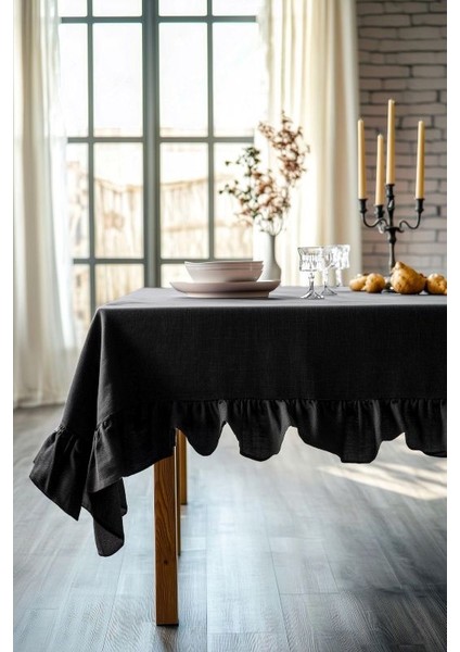 Buldan Keteni Fırfırlı Vintage Siyah Masa Örtüsü