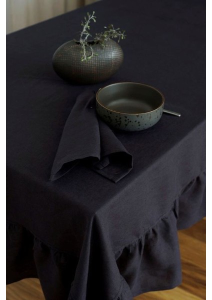 Buldan Keteni Fırfırlı Vintage Siyah Masa Örtüsü fiyatları