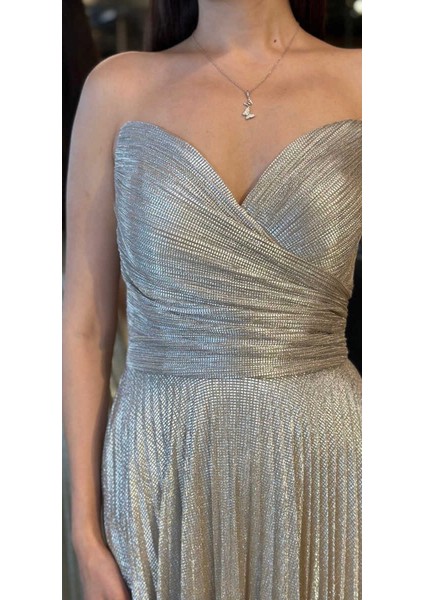 Gri Straplez Yaka Kloş Etekli Jakarlı Uzun Abiye Elbise 11080 modelleri