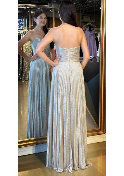 Gri Straplez Yaka Kloş Etekli Jakarlı Uzun Abiye Elbise 11080 fırsatları