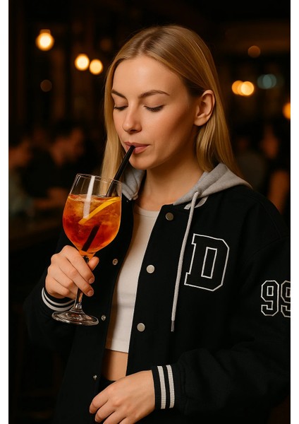 Kadın Oversize Kapşonlu Siyah Kot Kolej Ceket