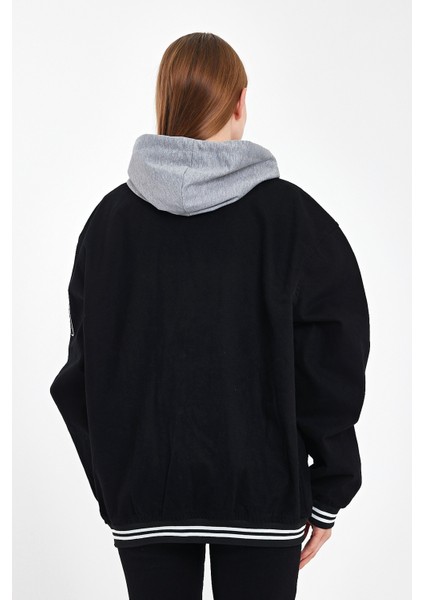 Kadın Oversize Kapşonlu Siyah Kot Kolej Ceket modelleri