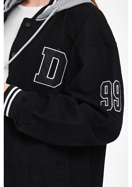 Kadın Oversize Kapşonlu Siyah Kot Kolej Ceket fırsatları