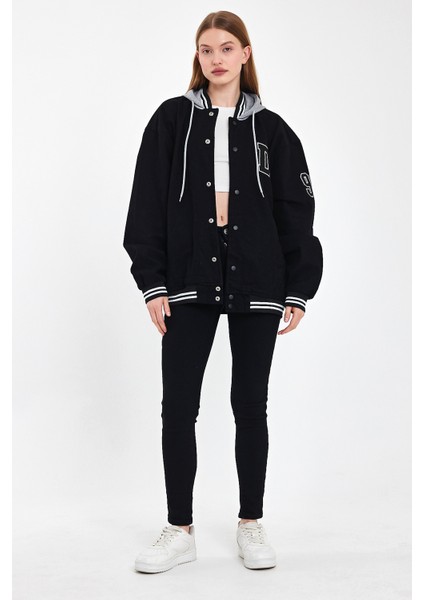 Kadın Oversize Kapşonlu Siyah Kot Kolej Ceket indirimleri
