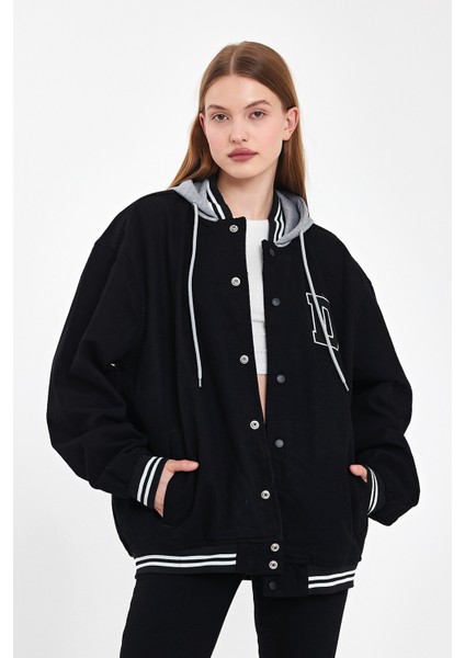 Kadın Oversize Kapşonlu Siyah Kot Kolej Ceket