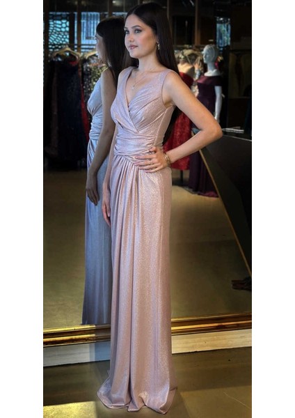 Rose Kalın Askı V Yaka Anvelop Yırtmaçlı Düz Kesim Simli Uzun Abiye Elbise 11074