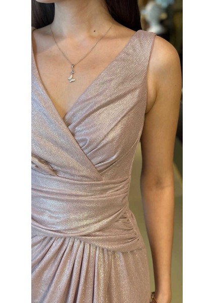 Rose Kalın Askı V Yaka Anvelop Yırtmaçlı Düz Kesim Simli Uzun Abiye Elbise 11074 modelleri