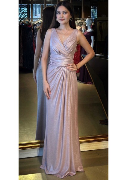 Rose Kalın Askı V Yaka Anvelop Yırtmaçlı Düz Kesim Simli Uzun Abiye Elbise 11074 indirimleri