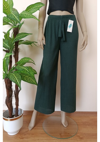 Kadın Yeşil Renk Çizgili Fitilli Pamuklu Penye Pantolon indirimleri