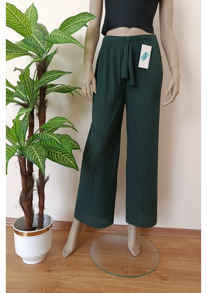 Kadın Yeşil Renk Çizgili Fitilli Pamuklu Penye Pantolon