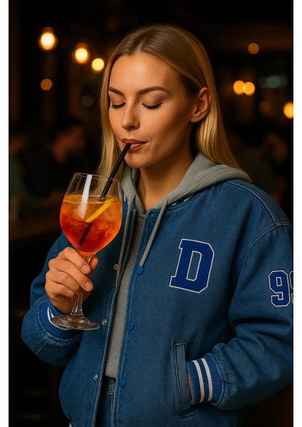 Kadın Oversize Kapşonlu Mavi Kot Kolej Ceket