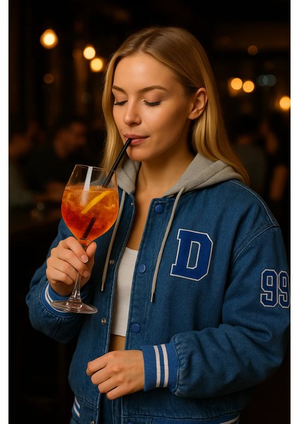 Kadın Oversize Kapşonlu Mavi Kot Kolej Ceket fiyatları