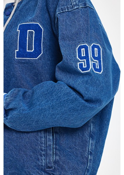 Kadın Oversize Kapşonlu Mavi Kot Kolej Ceket fırsatları