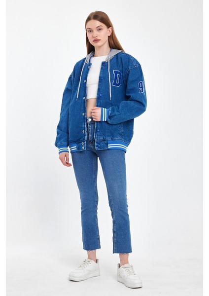 Kadın Oversize Kapşonlu Mavi Kot Kolej Ceket indirimleri