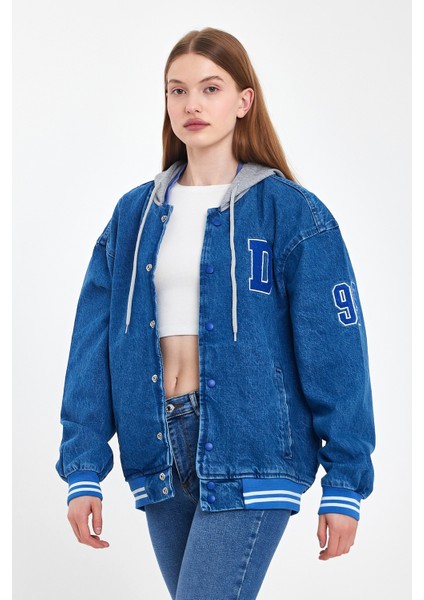 Kadın Oversize Kapşonlu Mavi Kot Kolej Ceket