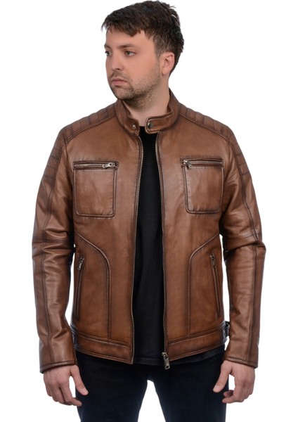 Albert Hakiki Deri Erkek Taba Ceket-Mont