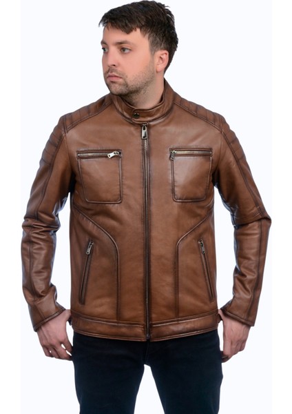 Albert Hakiki Deri Erkek Taba Ceket-Mont modelleri