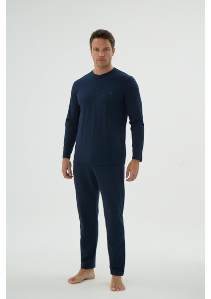 Erkek Uzun Kol Düğmeli Yaka Lacivert Pijama Takımı C0T4N69 modelleri
