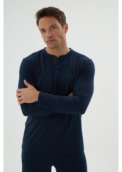 Erkek Uzun Kol Düğmeli Yaka Lacivert Pijama Takımı C0T4N69 fırsatları