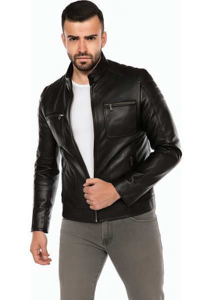 Albert Hakiki Deri Erkek Siyah Ceket-Mont