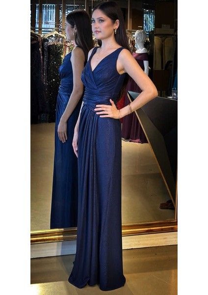 Lacivert Kalın Askı V Yaka Anvelop Yırtmaçlı Düz Kesim Simli Uzun Abiye Elbise 11074