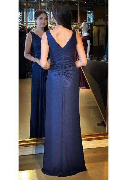 Lacivert Kalın Askı V Yaka Anvelop Yırtmaçlı Düz Kesim Simli Uzun Abiye Elbise 11074 fırsatları