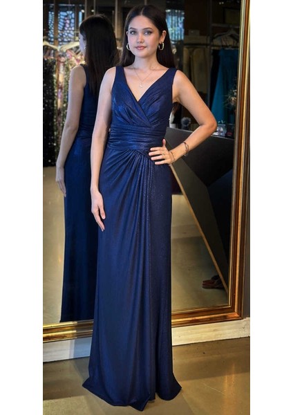 Lacivert Kalın Askı V Yaka Anvelop Yırtmaçlı Düz Kesim Simli Uzun Abiye Elbise 11074 indirimleri