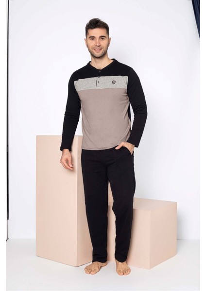 Erkek 3 Düğmeli %100 Pamuk Mevsimlik Uzun Kol Cepli Pijama Takımı fırsatları