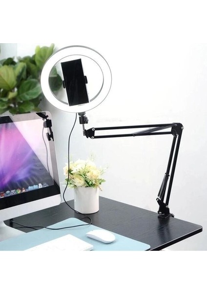 Masaüstü Yaylı Tripodlu 10'' Ring Light LED Işıklı Telefon Tutucu – 360° Ayarlanabilir Kol, Vlogger ve Canlı Yayın Işığı