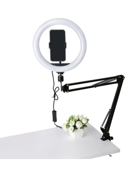 Masaüstü Yaylı Tripodlu 10'' Ring Light LED Işıklı Telefon Tutucu – 360° Ayarlanabilir Kol, Vlogger ve Canlı Yayın Işığı indirimleri