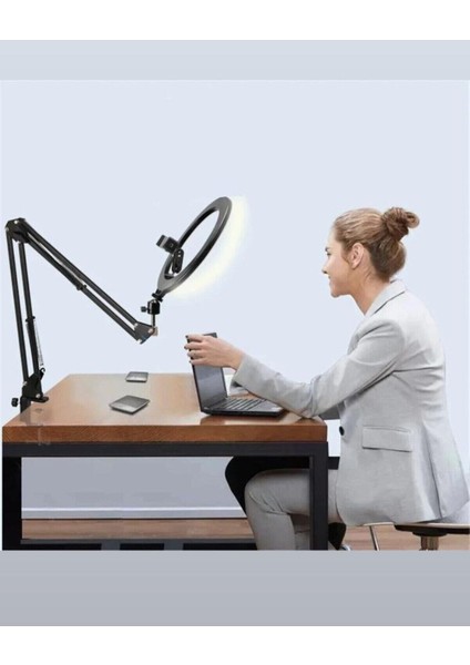 Masaüstü Yaylı Tripodlu 10'' Ring Light LED Işıklı Telefon Tutucu – 360° Ayarlanabilir Kol, Vlogger ve Canlı Yayın Işığı