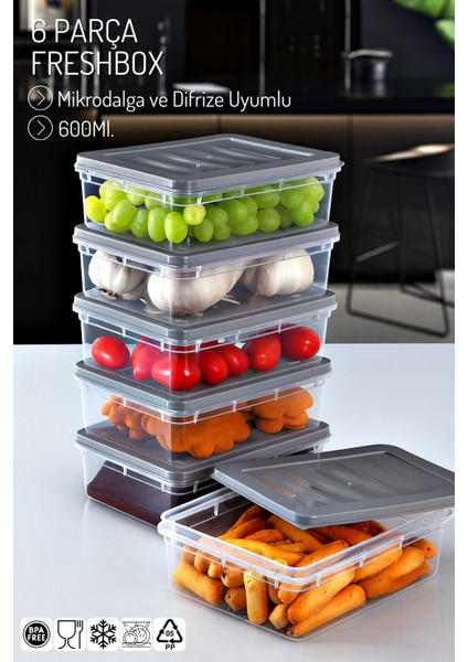 6'lı Set Freshbox Mikrodalga ve Difrize Uygun Saklama Kabı Set 3 - X6 0,6 Lt
