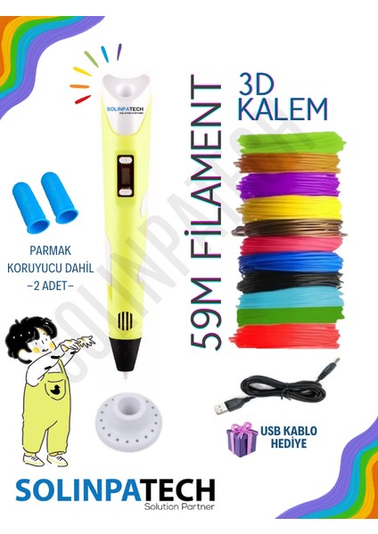SARI 3D Pen Üç Boyutlu Yazıcı Kalem 59 Metre Filament ve USB KABLO ile Birlikte
