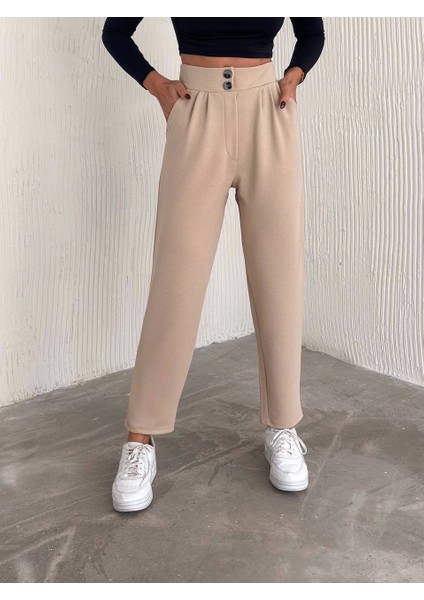Örme Krep Pantolon Çift Düğmeli Bej