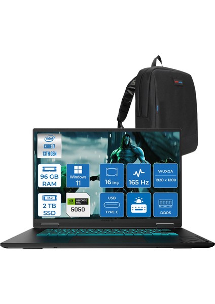 Gıgabyte Gamıng A16CTH Intel® Core™ I7-13620H Ddr5 96GB 2tb SSD 16INÇ 8GB/RTX5050 85W IPS Wuxga (1920X1200) 165Hz, 300NITS WINDOWS11PRO Gaming Laptop WA16CTHP45+ZETTAÇANTA