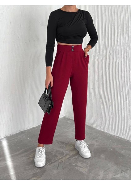 Örme Krep Pantolon Çift Düğmeli Bordo