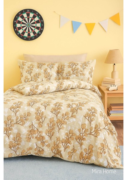 Sarı Yaprak Desenli Pamuklu Tek Kişilik Nevresim Takımı