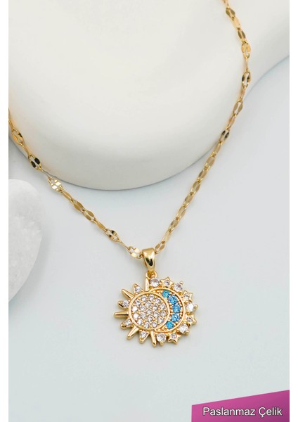 Kadın Paslanmaz Çelik Gold Zincir Güneş ve Ay Kolye