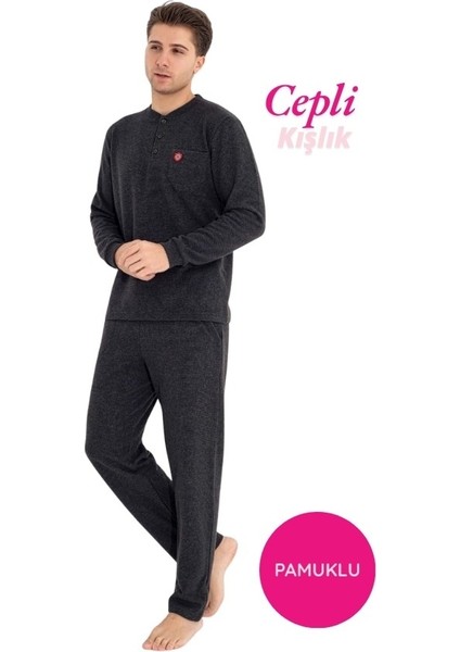 Erkek 3 Düğme Göğüs Cepli Kışlık Pamuklu Selanik Kumaş Uzun Manşetli Kol Cepli Pijama Takımı