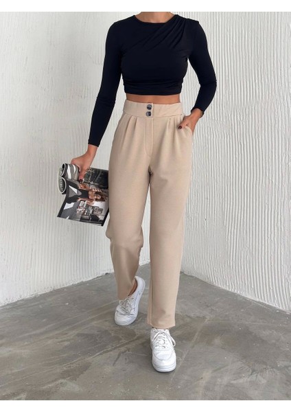 Örme Krep Pantolon Çift Düğmeli Bej fiyatları