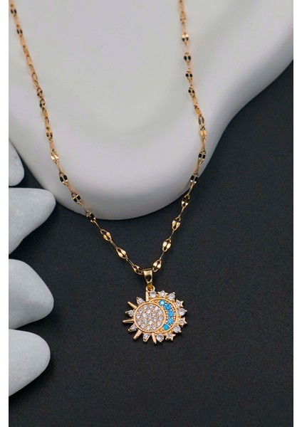 Kadın Paslanmaz Çelik Gold Zincir Güneş ve Ay Kolye modelleri