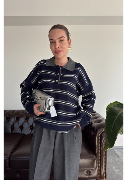 Düğmeli Polo Yaka Çizgilli Triko Kazak- Lacivert