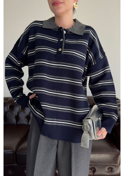 Düğmeli Polo Yaka Çizgilli Triko Kazak- Lacivert fiyatları