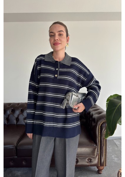 Düğmeli Polo Yaka Çizgilli Triko Kazak- Lacivert modelleri