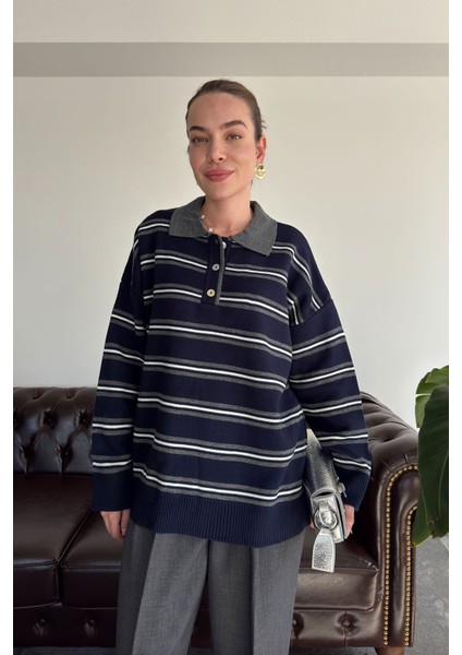 Düğmeli Polo Yaka Çizgilli Triko Kazak- Lacivert fırsatları