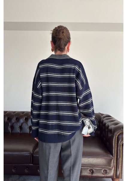 Düğmeli Polo Yaka Çizgilli Triko Kazak- Lacivert indirimleri
