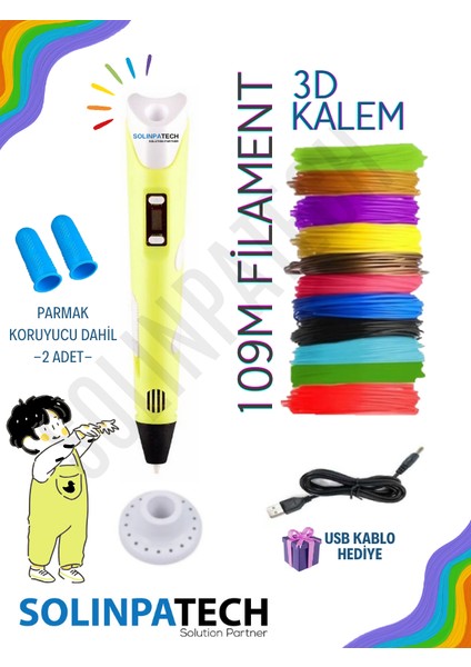 3D Pen SARI Üç Boyutlu Yazıcı Kalem Printer (Çok Renkli Filament -109METRE- ve USB Kablo Dahil)