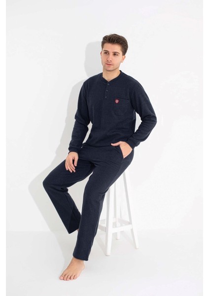 Erkek 3 Düğme Göğüs Cepli Kışlık Pamuklu Selanik Kumaş Uzun Manşetli Kol Cepli Pijama Takımı modelleri