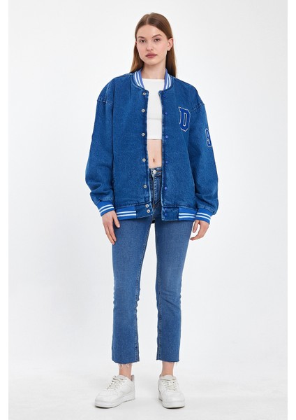 Kadın Mevsimlik Oversize Mavi Kot Kolej Ceket indirimleri